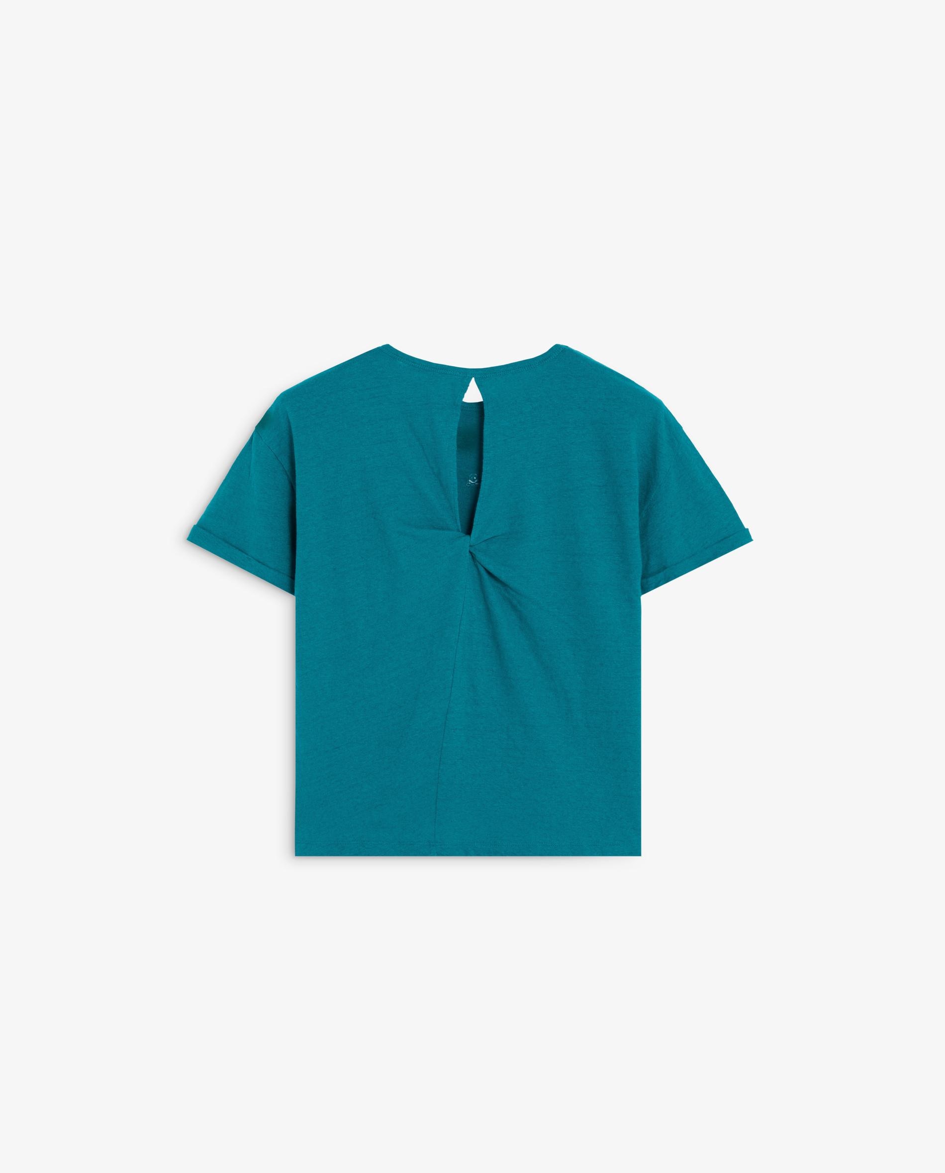T-shirt de Manga Curta com Abertura nas Costas Turquesa-5