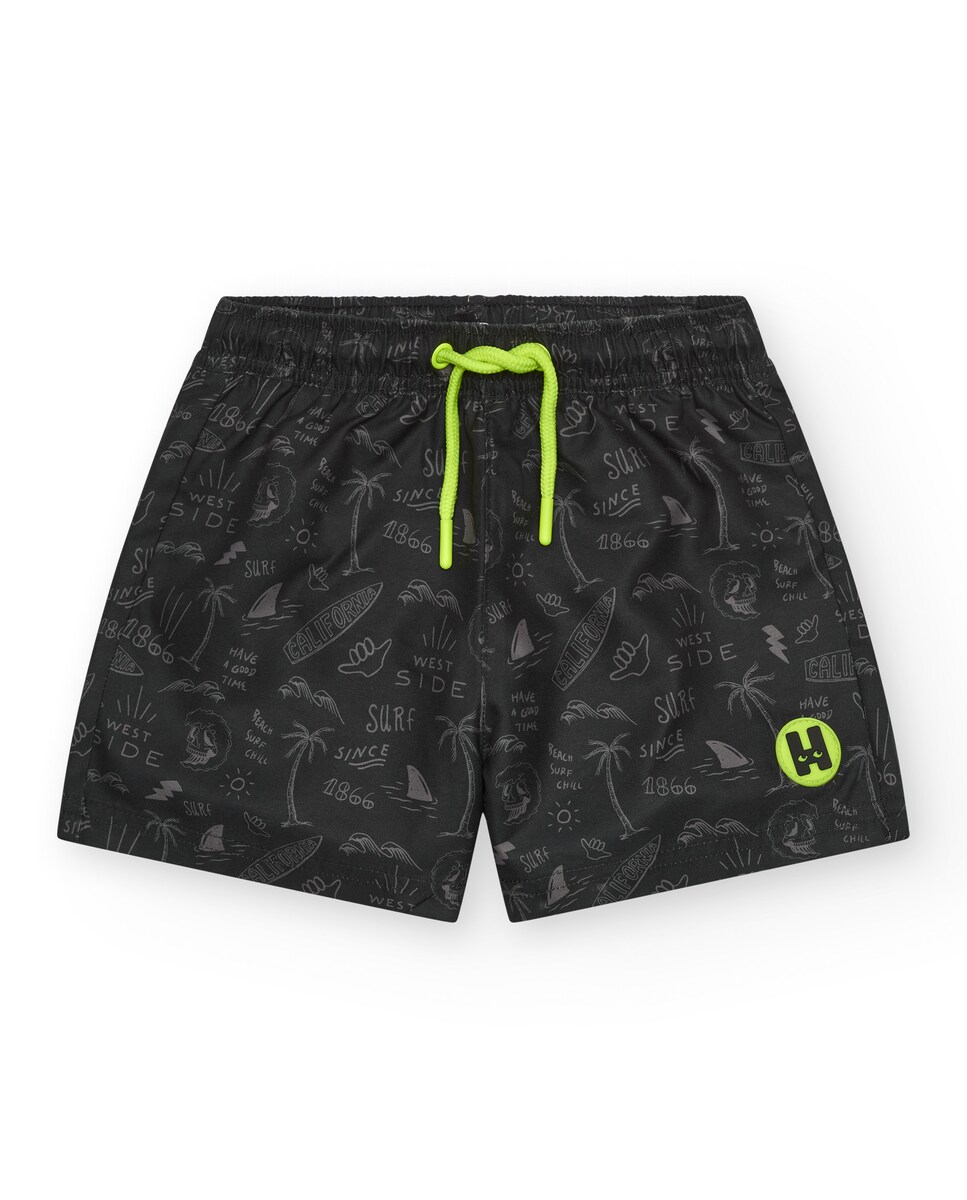 Calções de Banho Infantil com Estampado Surfista e Cordão Flúor Preto-1
