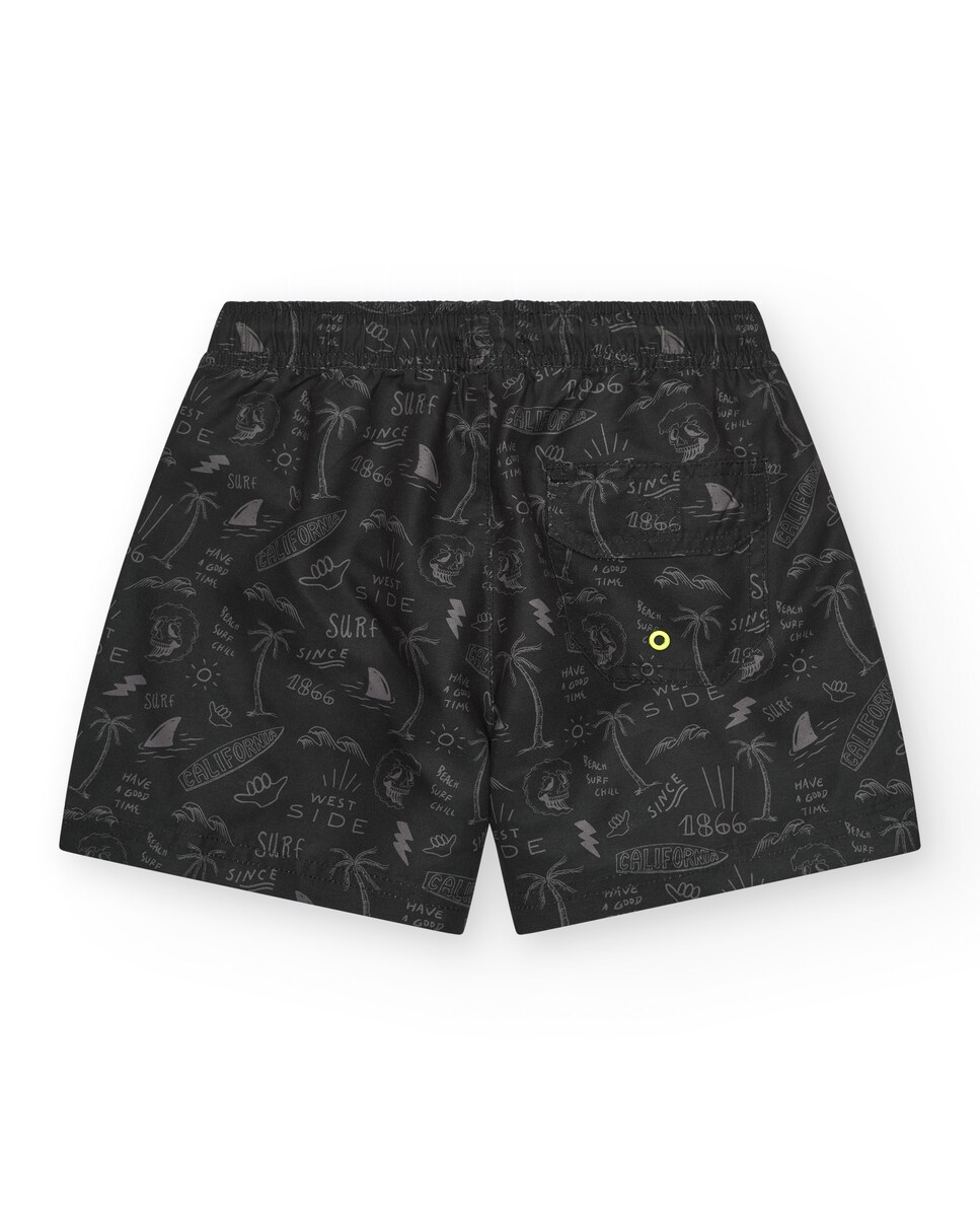 Calções de Banho Infantil com Estampado Surfista e Cordão Flúor Preto-2