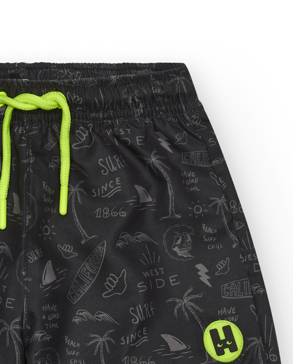Calções de Banho Infantil com Estampado Surfista e Cordão Flúor Preto-3