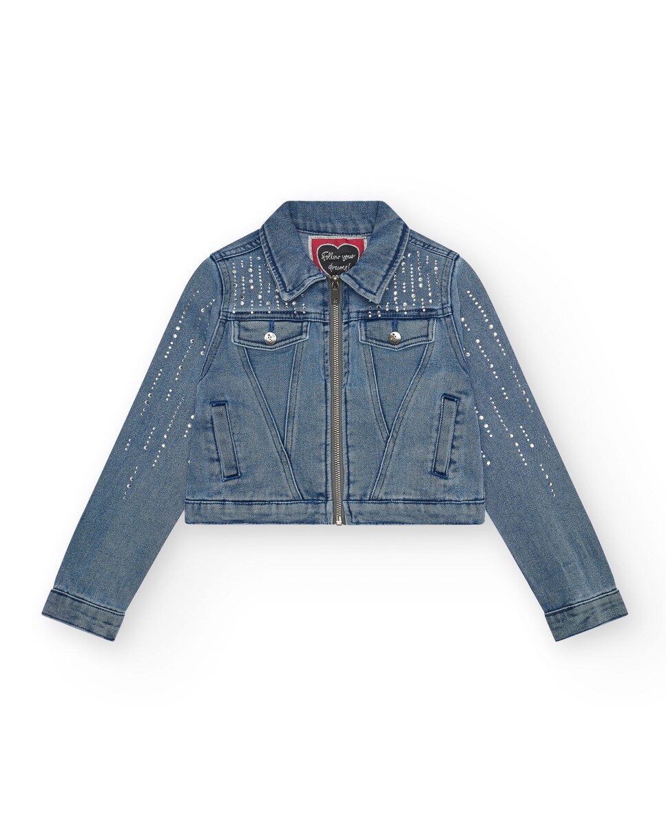 Blusão Infantil Jeans com Detalhes Brilhantes e Fecho Zip Azul-1