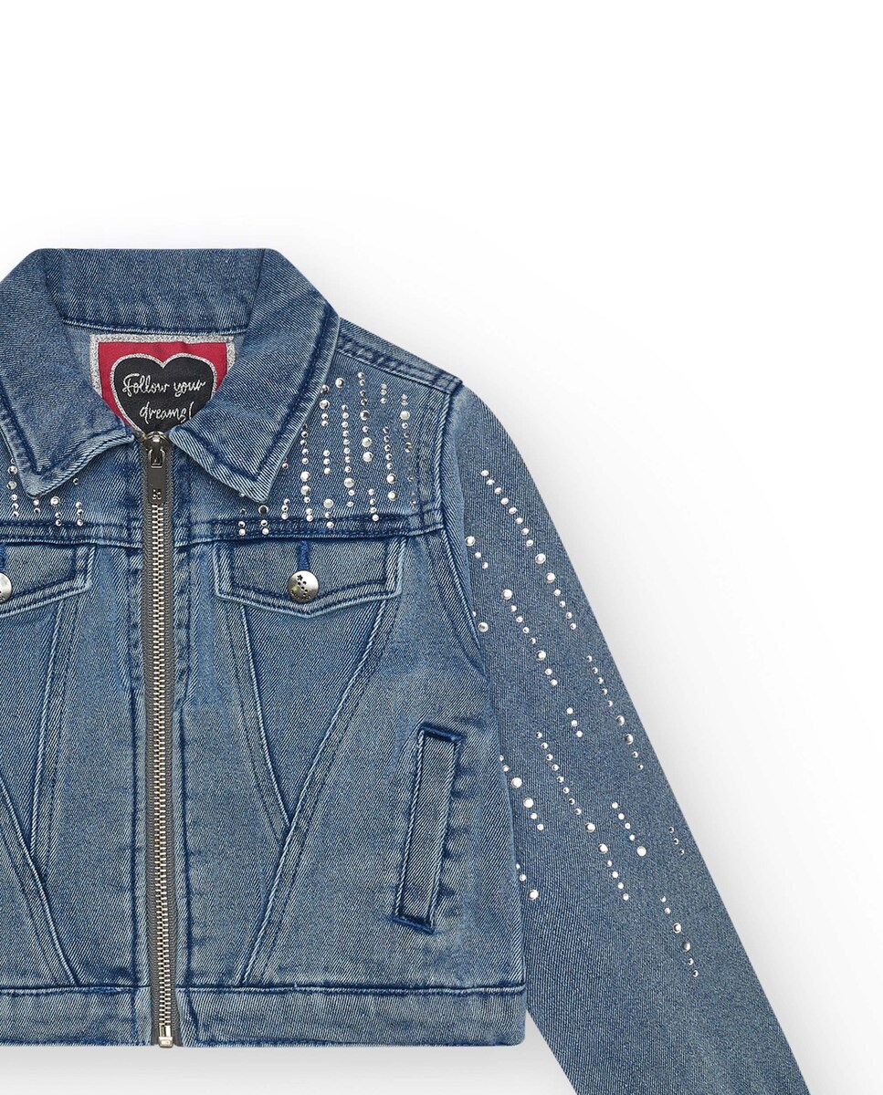 Blusão Infantil Jeans com Detalhes Brilhantes e Fecho Zip Azul-3