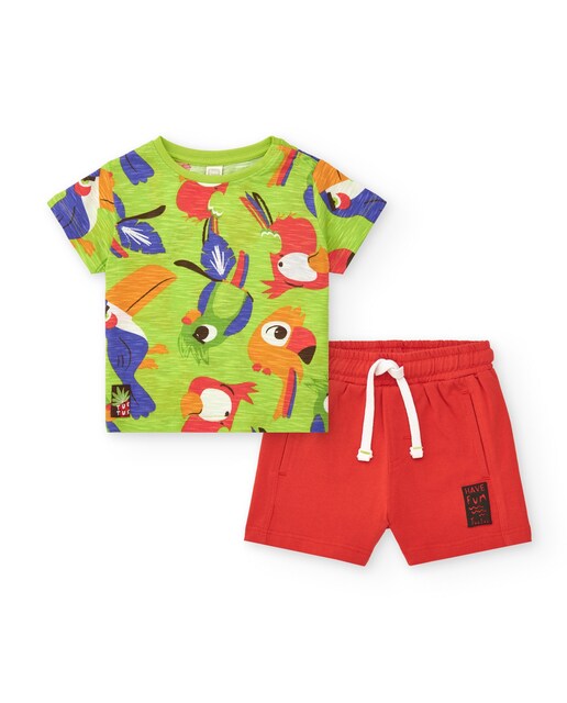 Imagem 0 de Conjunto Infantil de T-shirt com Estampado de Papagaios e Bermudas Lisa