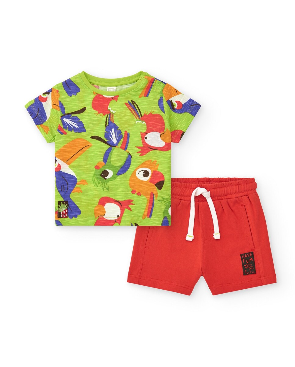 Conjunto Infantil de T-shirt com Estampado de Papagaios e Bermudas Lisa Verde-1