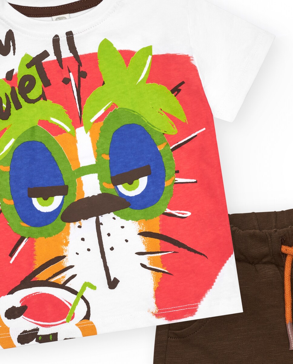 Conjunto Infantil de T-shirt com Tigre e Bermudas Lisa Branco-5