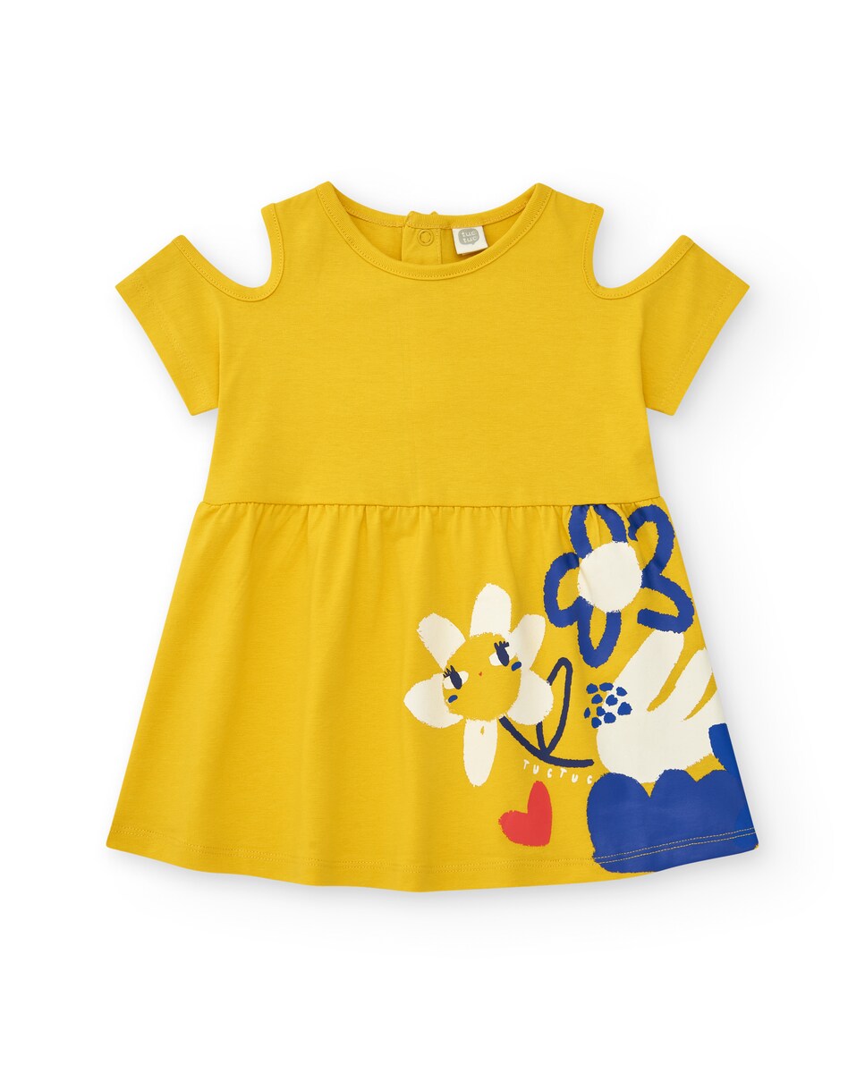 Vestido para Bebé com Estampado Posicional e Ombros Descobertos Amarelo-1