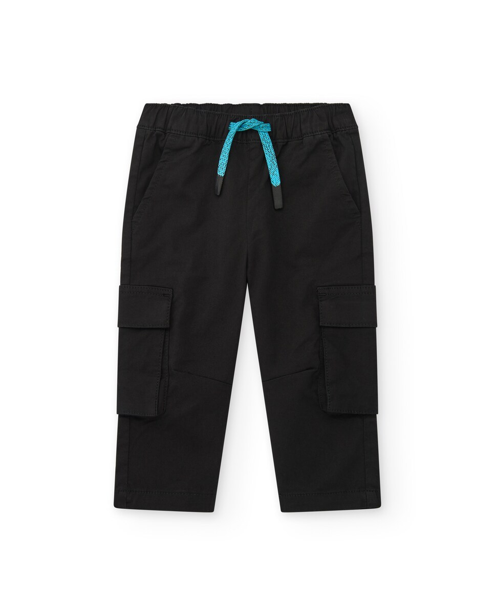 Calças Cargo para Bebé com Cintura Elástica e Cordão de Ajuste Preto-1