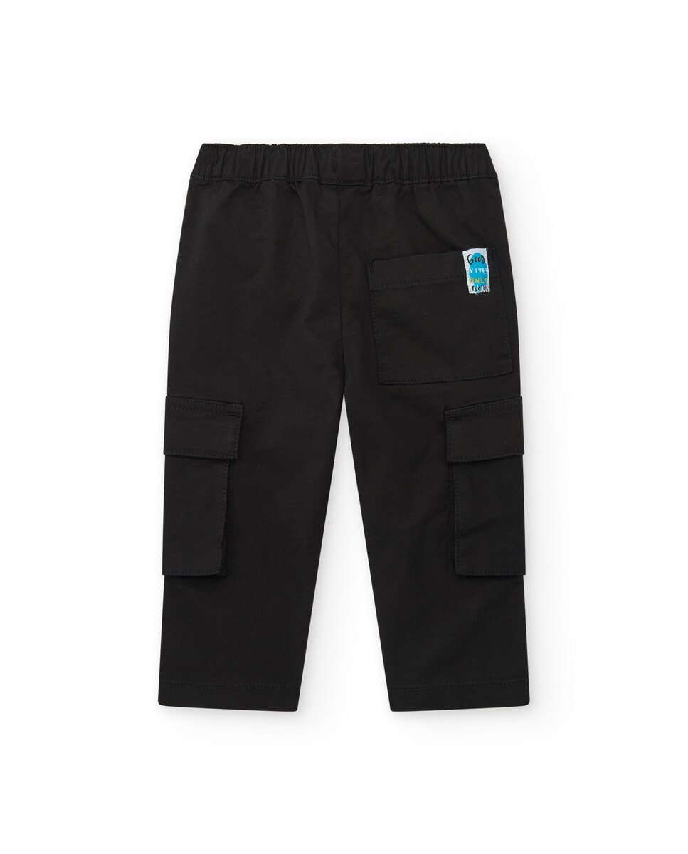 Calças Cargo para Bebé com Cintura Elástica e Cordão de Ajuste Preto-2