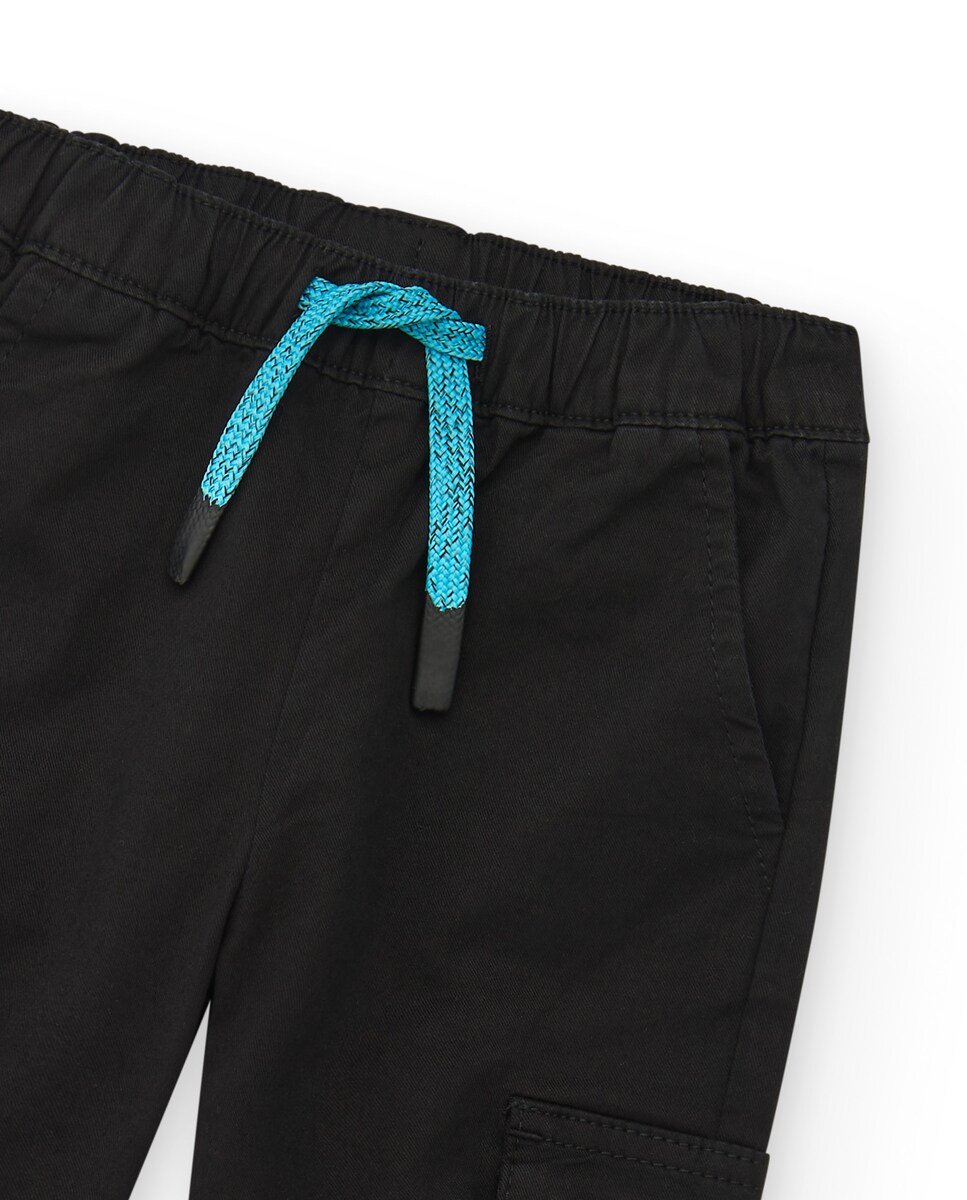 Calças Cargo para Bebé com Cintura Elástica e Cordão de Ajuste Preto-3