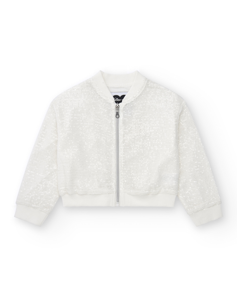 Casaco Bomber com Lantejoulas e Fecho Zip Frontal Bege-1