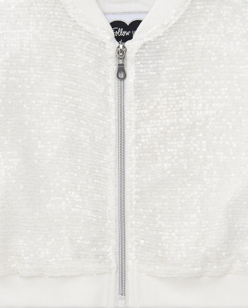 Casaco Bomber com Lantejoulas e Fecho Zip Frontal Bege-3