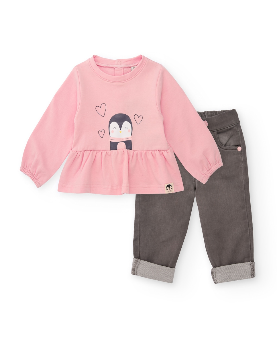Conjunto para Bebé de Blusa Rosa com Estampado de Pinguim e Calças em Cinzento Rosa-1