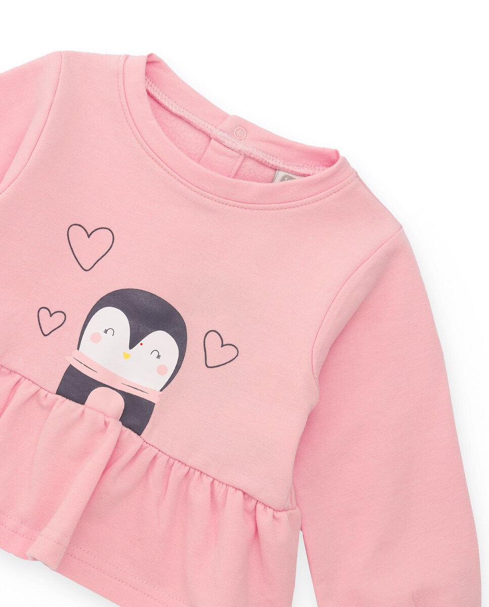 Conjunto para Bebé de Blusa Rosa com Estampado de Pinguim e Calças em Cinzento Rosa-3