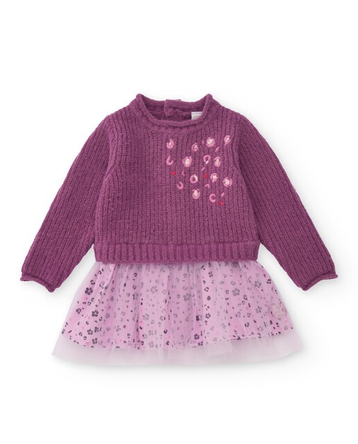 Imagem 0 de Vestido de Malha e Tule para Bebé em Roxo com Estampado de Flores