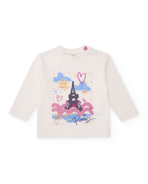 Imagem 0 de T-shirt para Bebé em Marfim com Estampado de Torre Eiffel e Detalhes Dourados