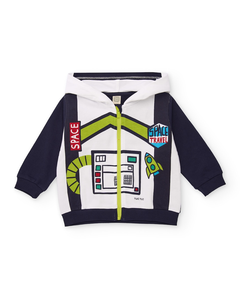 Sweatshirt para Bebé com Capuz em Azul-marinho e Branco com Estampado de Temática Espacial Preto-1