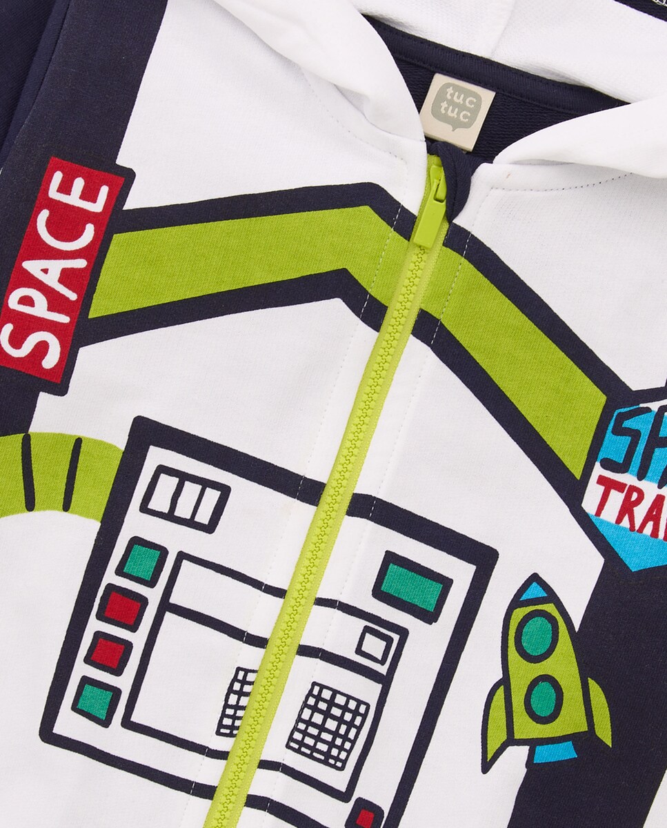 Sweatshirt para Bebé com Capuz em Azul-marinho e Branco com Estampado de Temática Espacial Preto-3