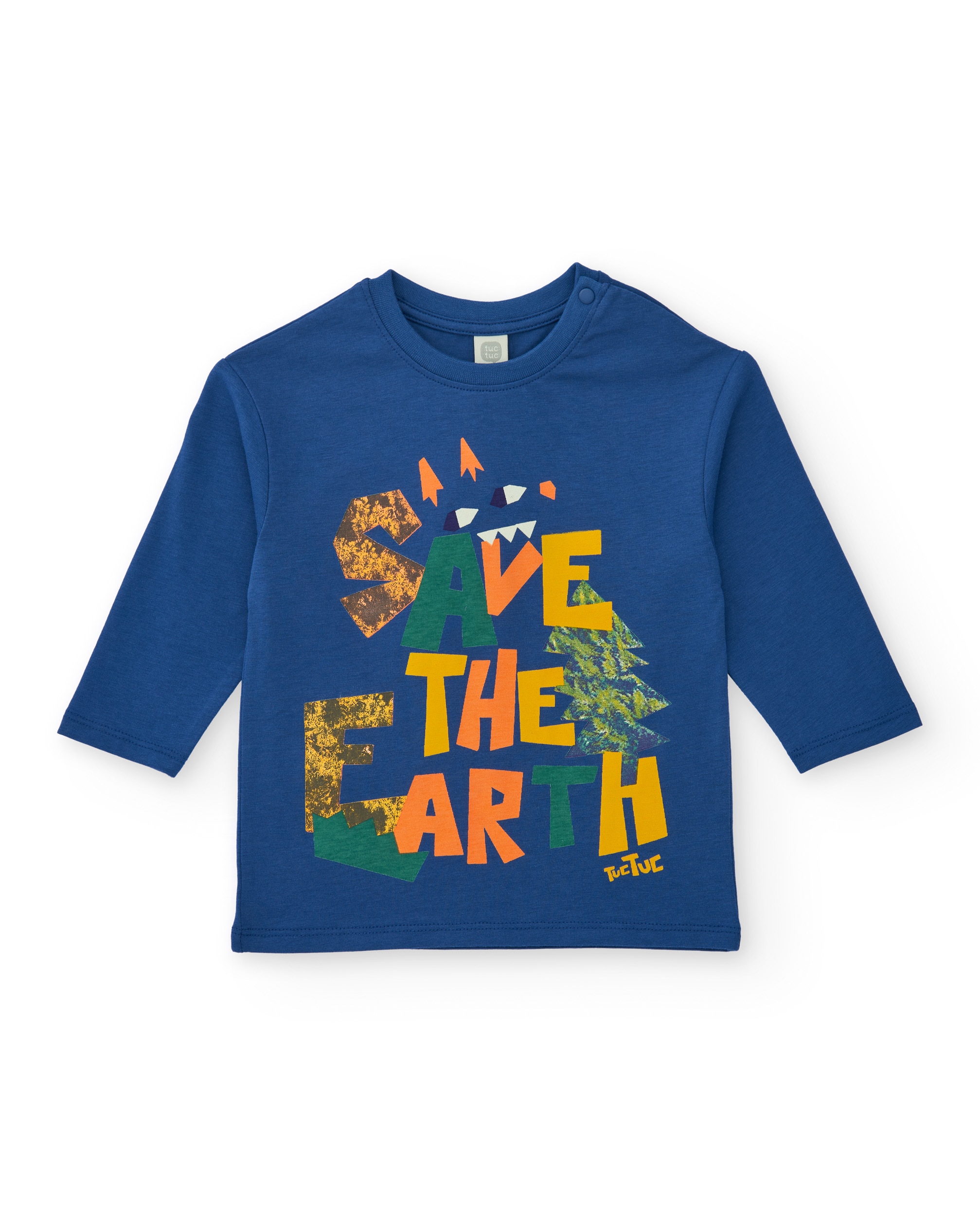 Imagem 0 de T-shirt de Manga Comprida Infantil em Azul com Estampado de Árvores e Frase Decorativa