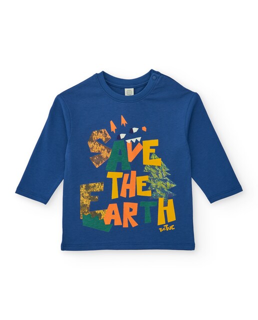 Imagem 0 de T-shirt de Manga Comprida Infantil em Azul com Estampado de Árvores e Frase Decorativa