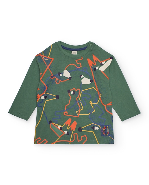 Imagem 0 de T-shirt de Manga Comprida para Bebé em Verde com Estampado de Ursos Geométricos