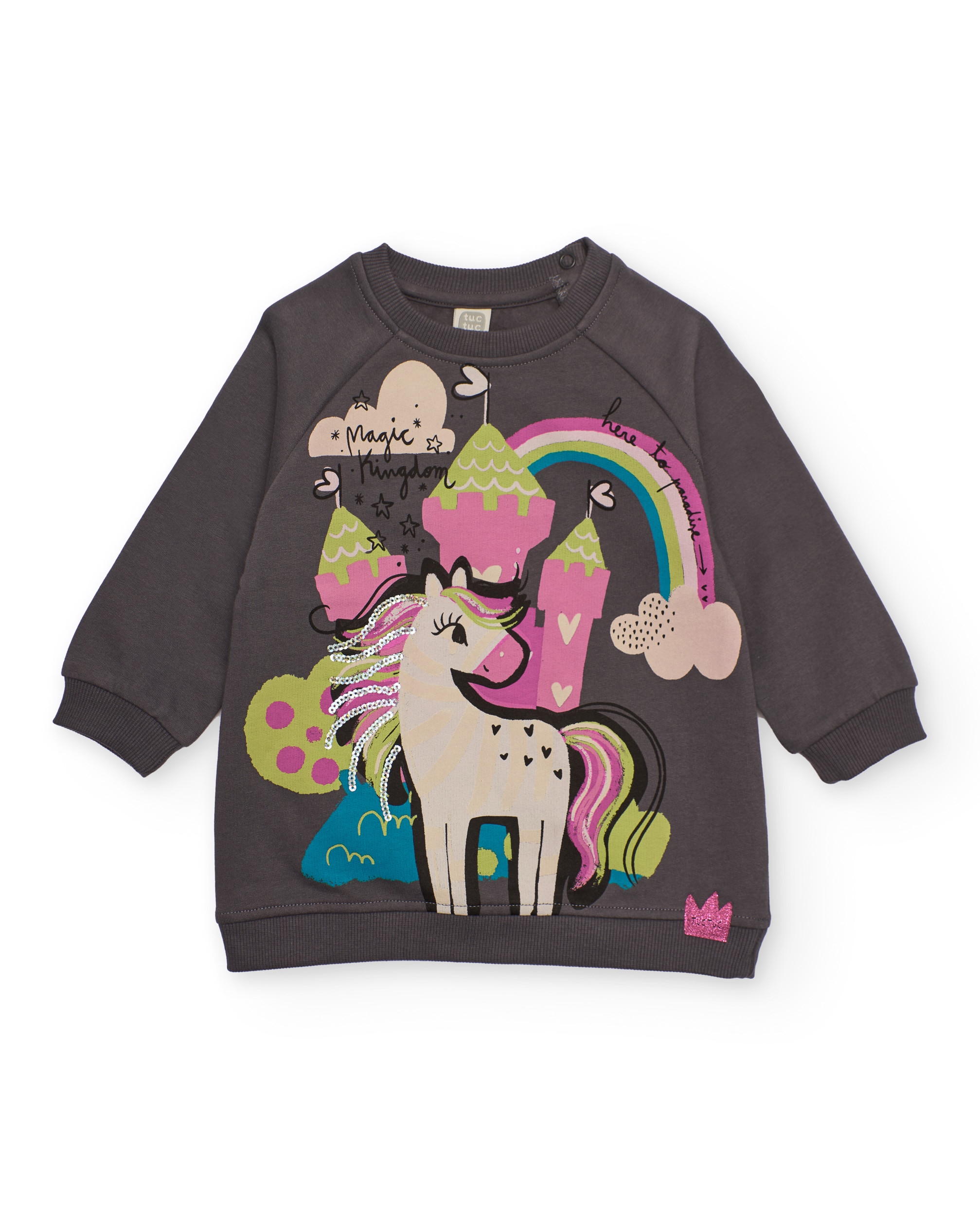 Imagem 0 de Vestido Sweatshirt em Cinzento para Bebé com Estampado de Unicórnio e Castelo