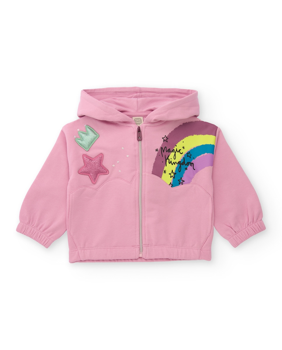 Sweatshirt com Capuz para Bebé em Rosa com Arco-íris e Aplicações Rosa-1
