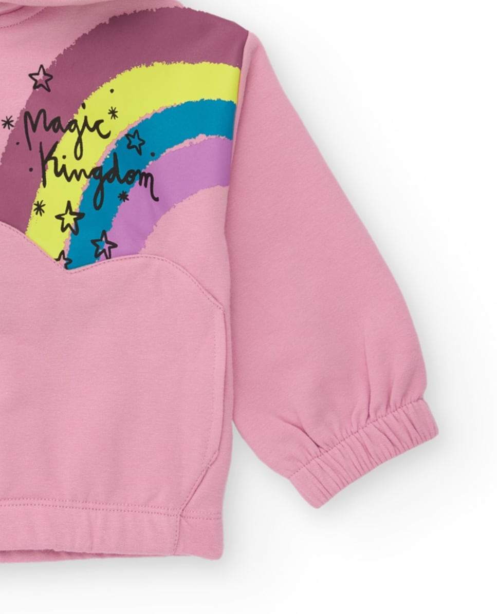 Sweatshirt com Capuz para Bebé em Rosa com Arco-íris e Aplicações Rosa-3
