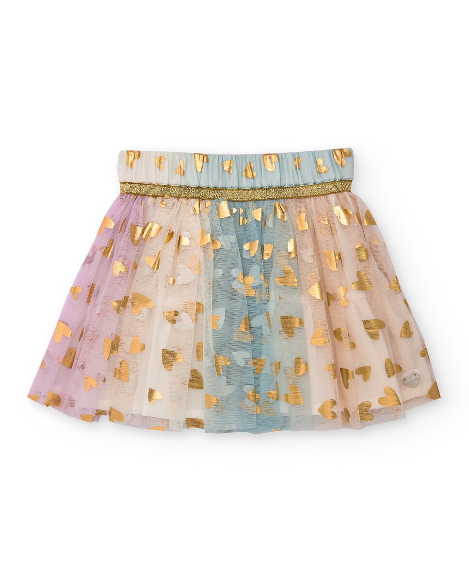 Saia Infantil de Tule em Rosa com Estampado de Corações Dourados Rosa-1