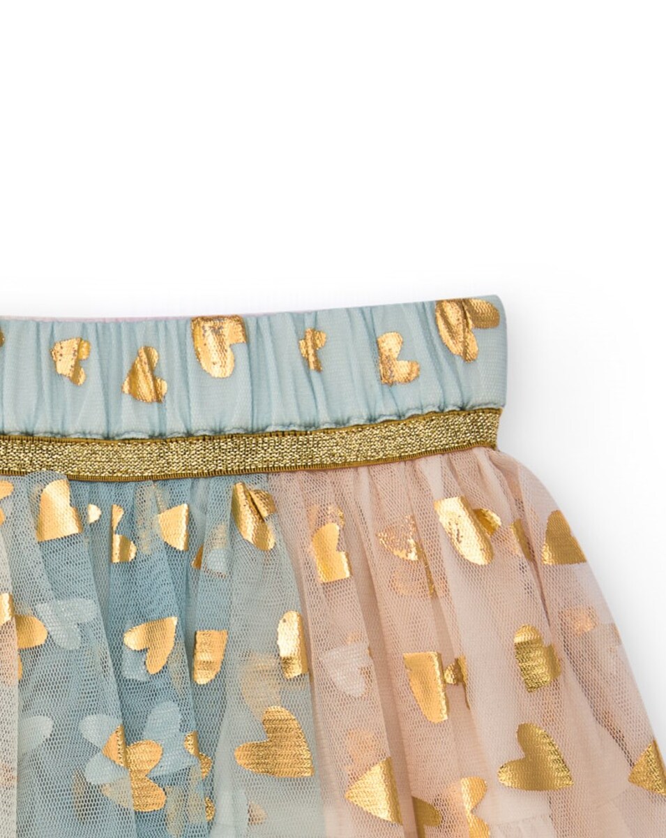 Saia Infantil de Tule em Rosa com Estampado de Corações Dourados Rosa-4