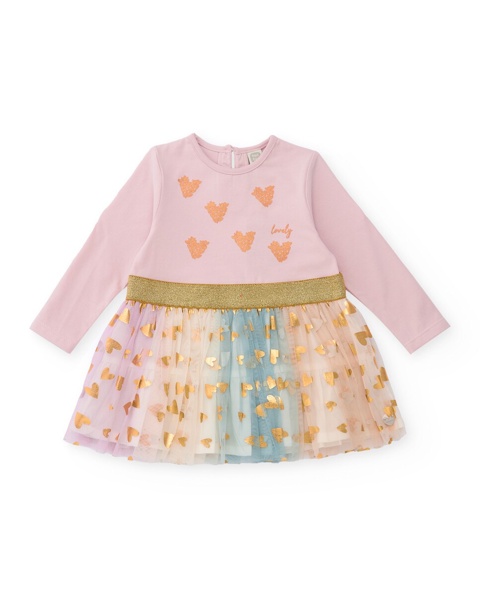 Vestido Infantil em Rosa com Saia de Tule em Rosa e Corações Dourados Rosa-1