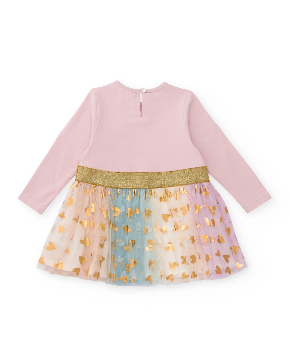 Vestido Infantil em Rosa com Saia de Tule em Rosa e Corações Dourados Rosa-2