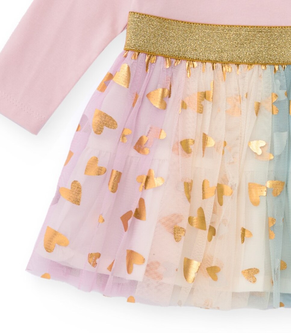Vestido Infantil em Rosa com Saia de Tule em Rosa e Corações Dourados Rosa-4