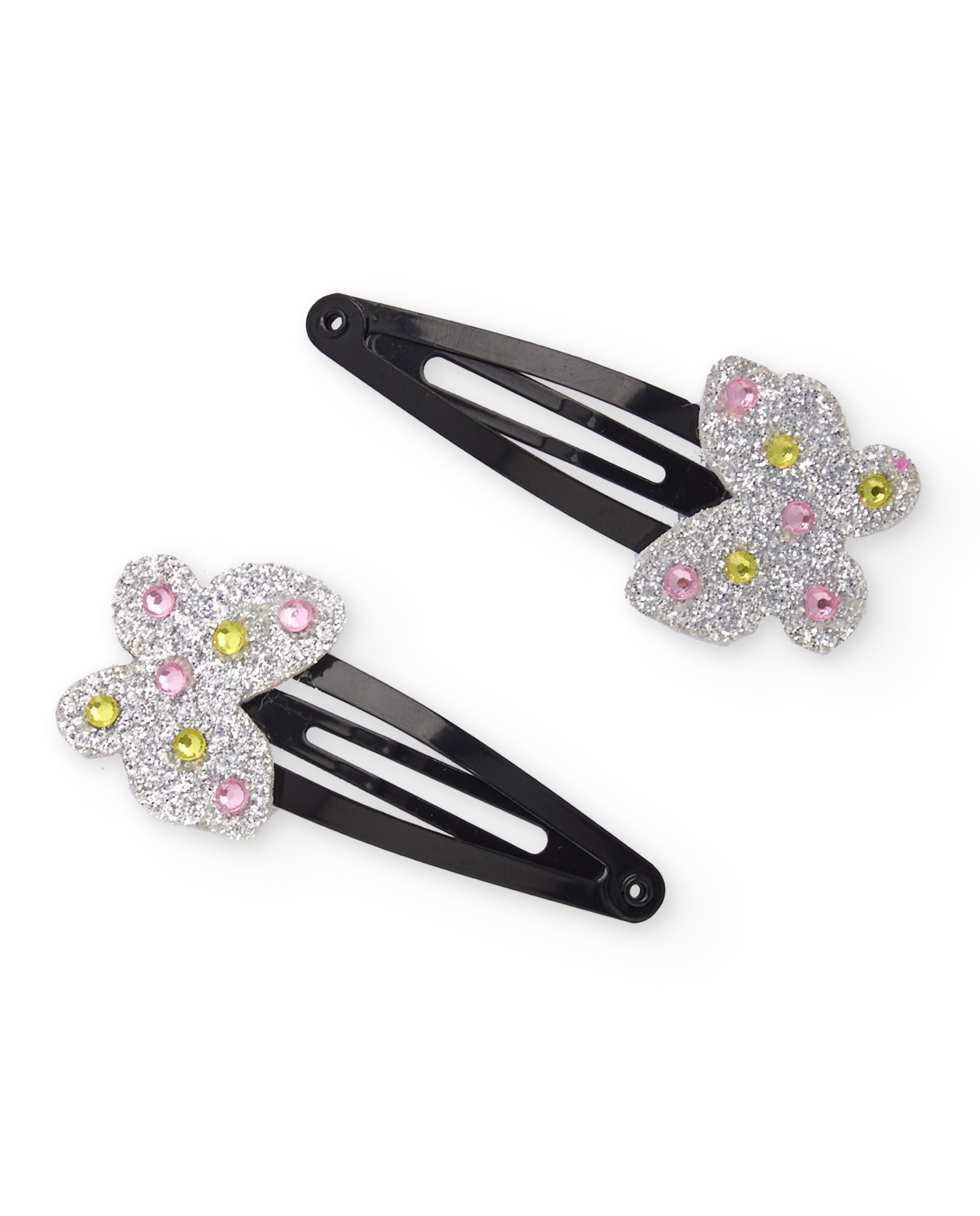 Imagem 0 de Pinças em Preto com Borboletas Prateadas e Pedras Coloridas