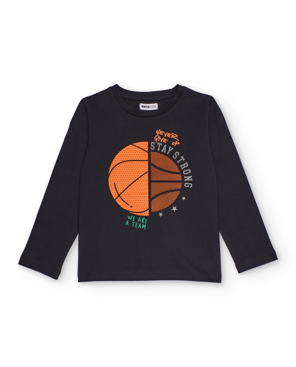 T-shirt de Manga Comprida Infantil com Estampado de Bola de Basquetebol Preto-1
