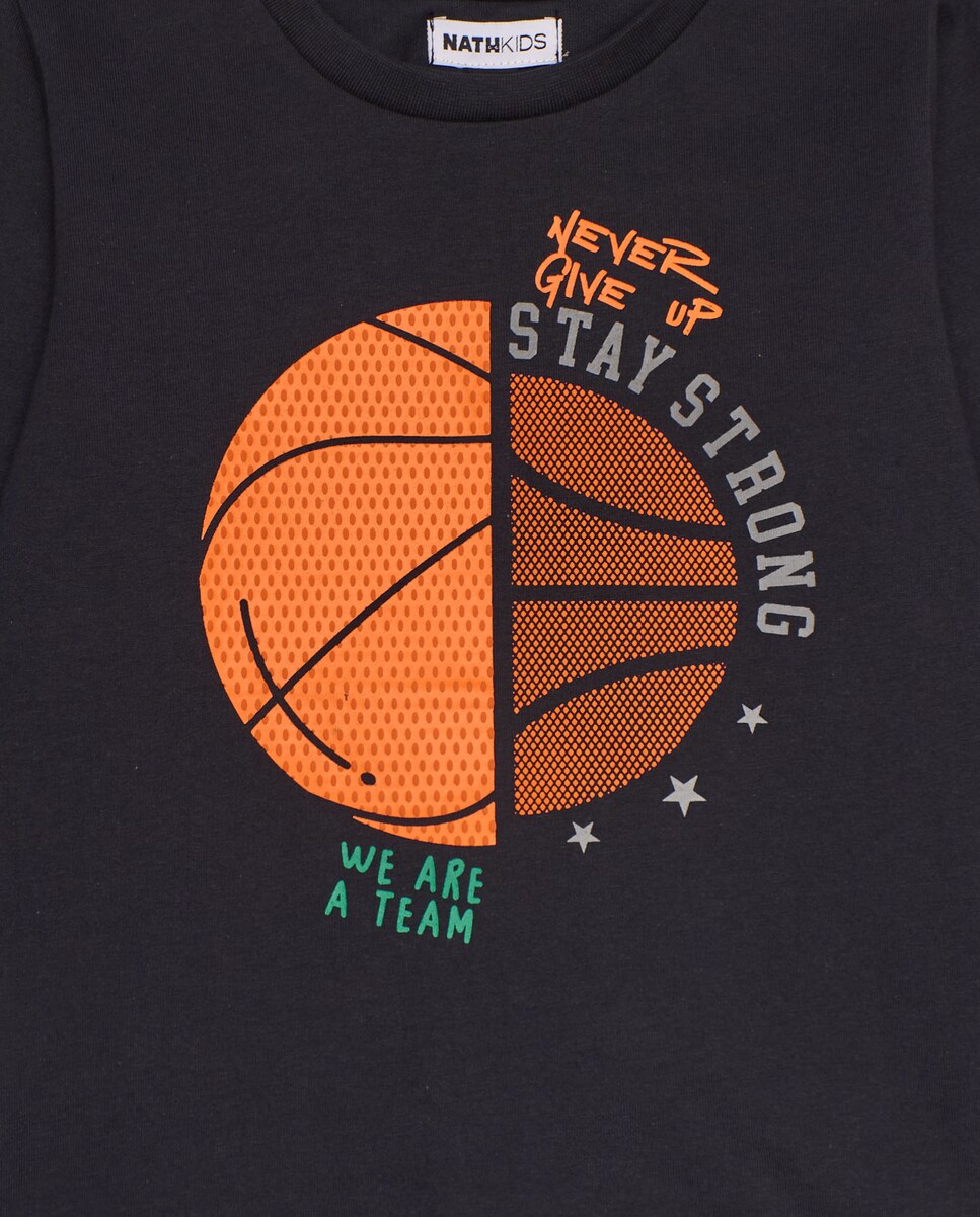 T-shirt de Manga Comprida Infantil com Estampado de Bola de Basquetebol Preto-4