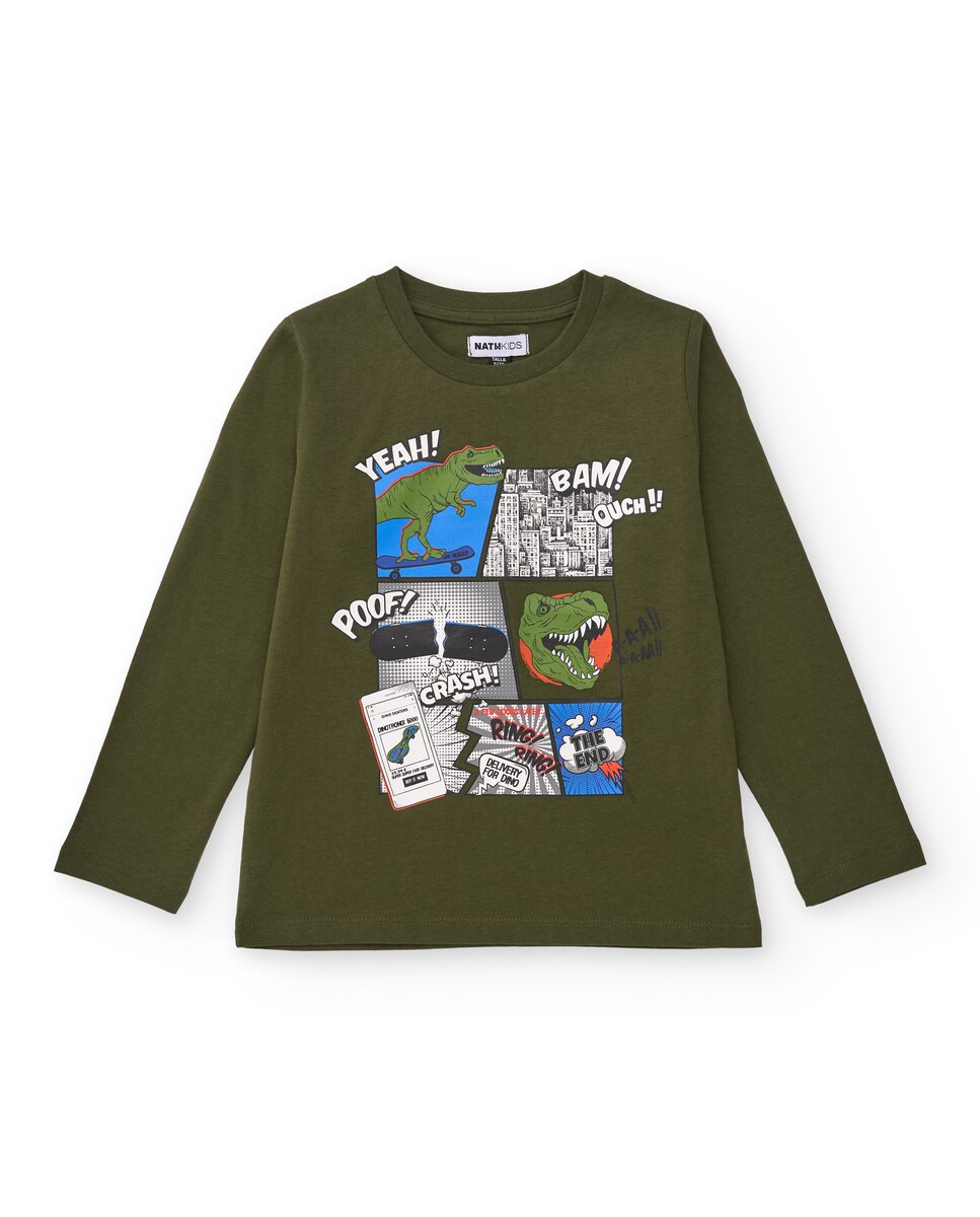 T-shirt de Manga Comprida em Preto com Design cat Walk Infantil Verde-1