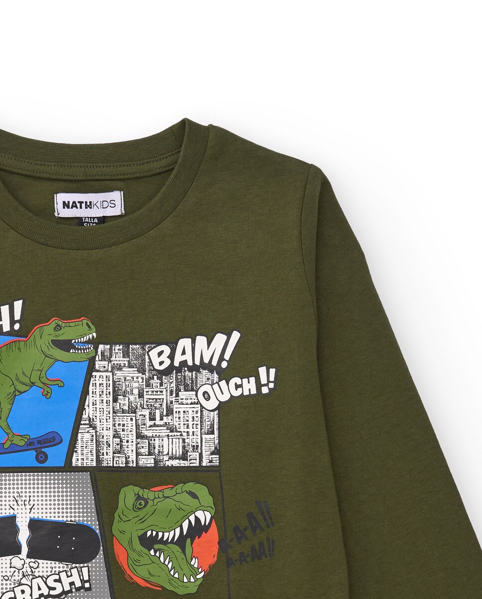 T-shirt de Manga Comprida em Preto com Design cat Walk Infantil Verde-3