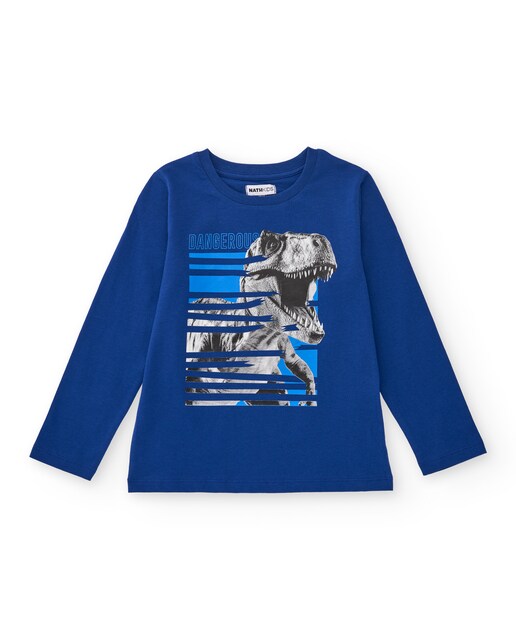 Imagem 0 de T-shirt de Manga Comprida Infantil Azul com Estampado de Dinossauro