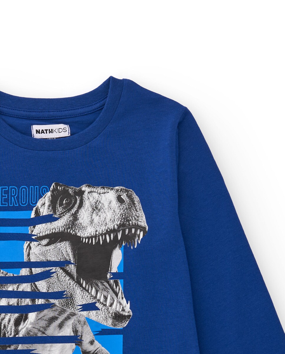 T-shirt de Manga Comprida Infantil Azul com Estampado de Dinossauro Azul-3