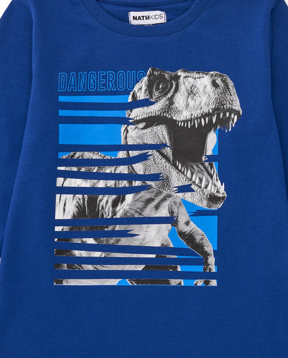T-shirt de Manga Comprida Infantil Azul com Estampado de Dinossauro Azul-4