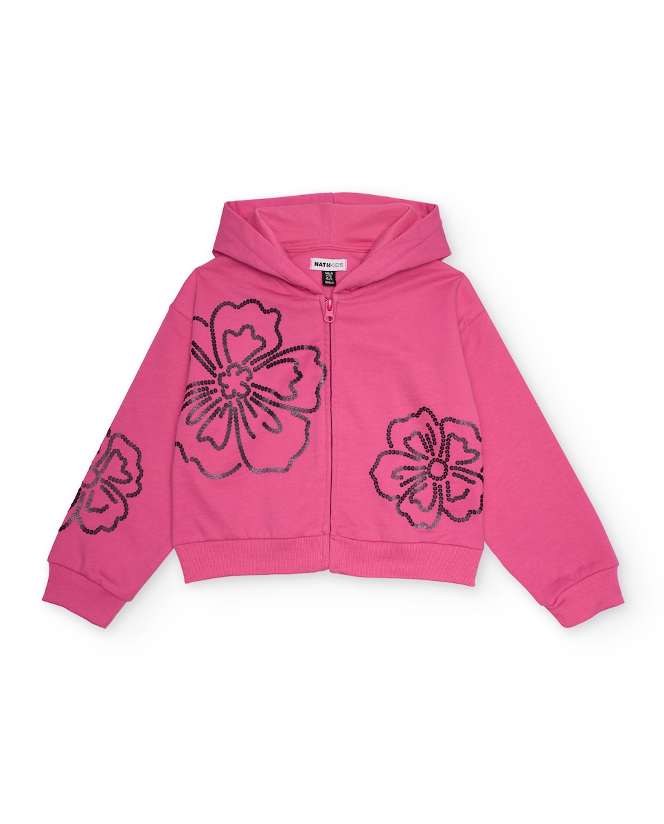 Sweatshirt com Capuz em Fúcsia com Flores de Strass Rosa-1