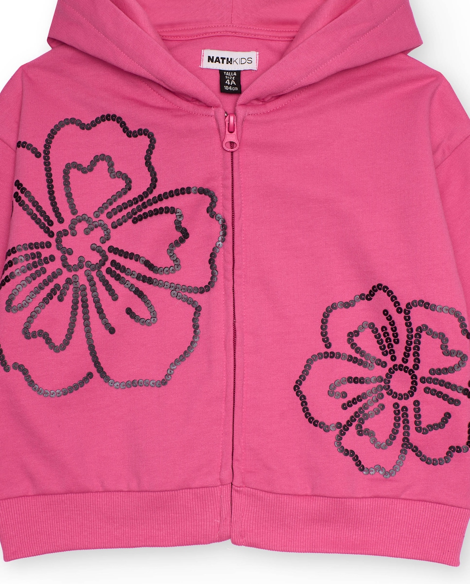 Sweatshirt com Capuz em Fúcsia com Flores de Strass Rosa-4