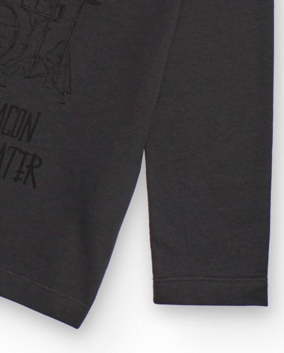 T-shirt de Manga Comprida Infantil em Cinzento-escuro com Estampado Musical Cinzento-3