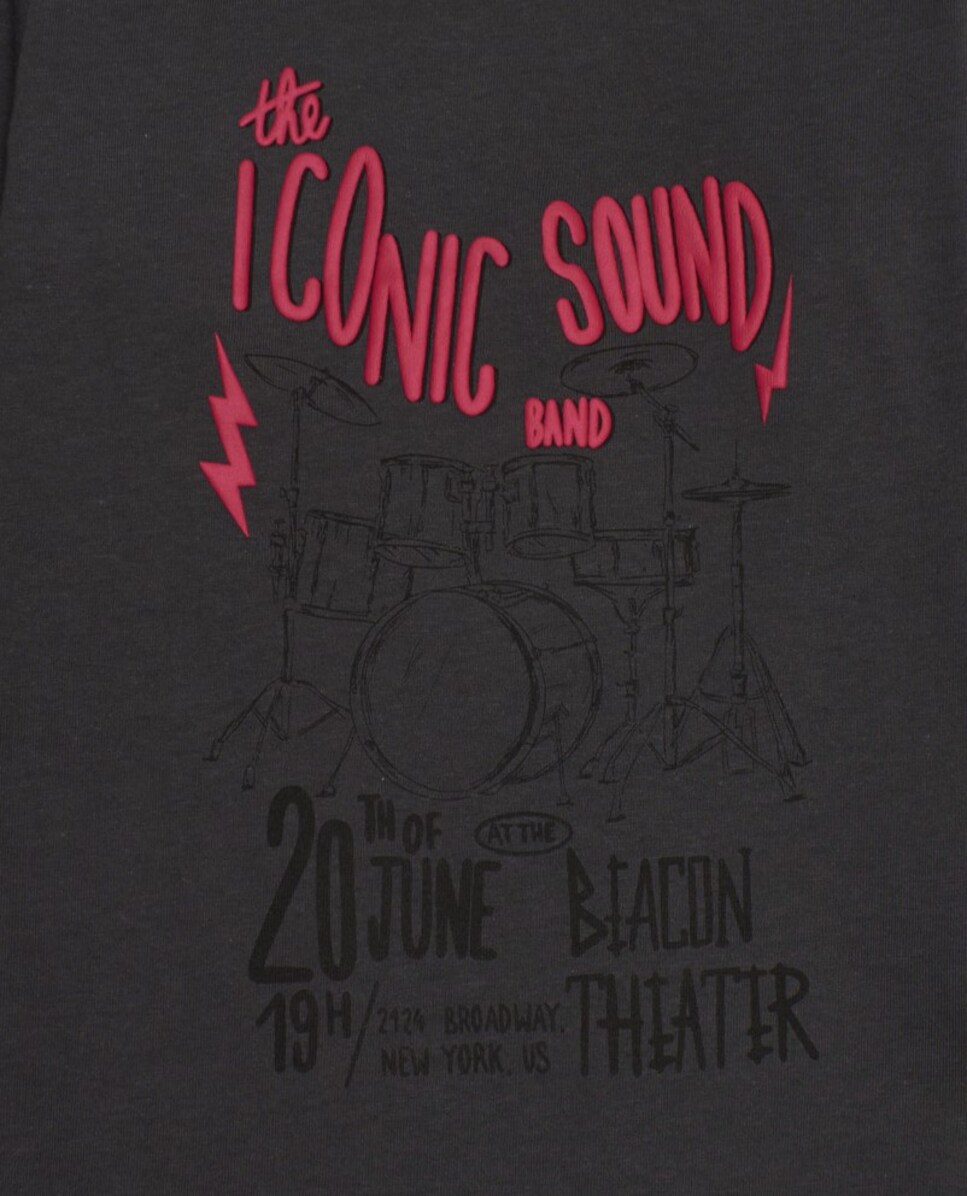 T-shirt de Manga Comprida Infantil em Cinzento-escuro com Estampado Musical Cinzento-4