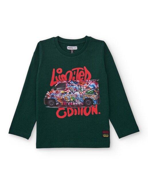 Imagem 0 de T-shirt Verde de Manga Comprida com Estampado de Carrinha Grafiteada