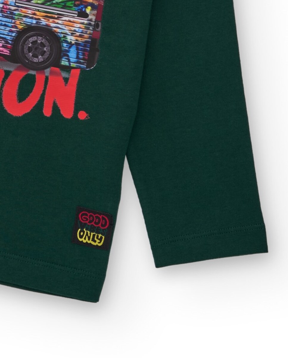 T-shirt Verde de Manga Comprida com Estampado de Carrinha Grafiteada Verde-4