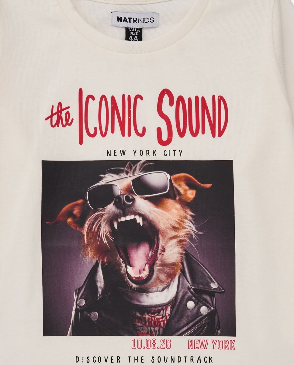 T-shirt de Manga Comprida Cru com Estampado de Cão Rockeiro Branco-3
