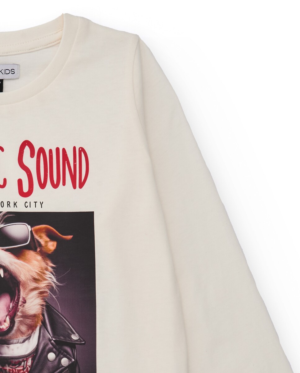 T-shirt de Manga Comprida Cru com Estampado de Cão Rockeiro Branco-4