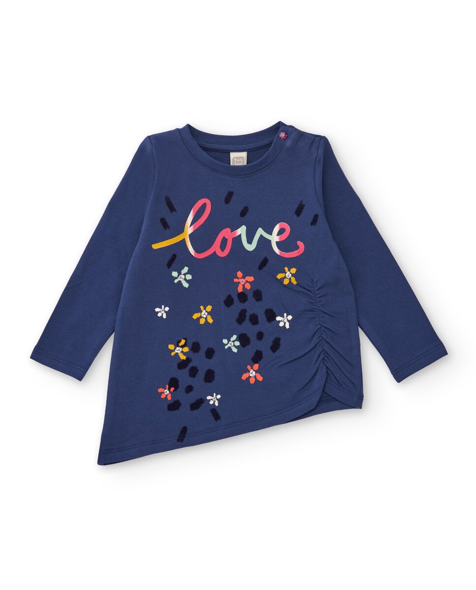 T-shirt de Malha para Bebé em Azul-marinho com Franzidos e Estampado Frontal Azul-1