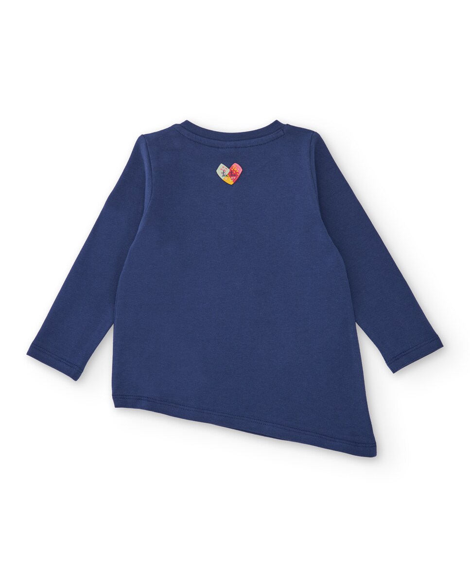 T-shirt de Malha para Bebé em Azul-marinho com Franzidos e Estampado Frontal Azul-2